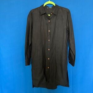 Go Silk Black Linen Tunic Dress Lagenlook Button Down Vintage PM